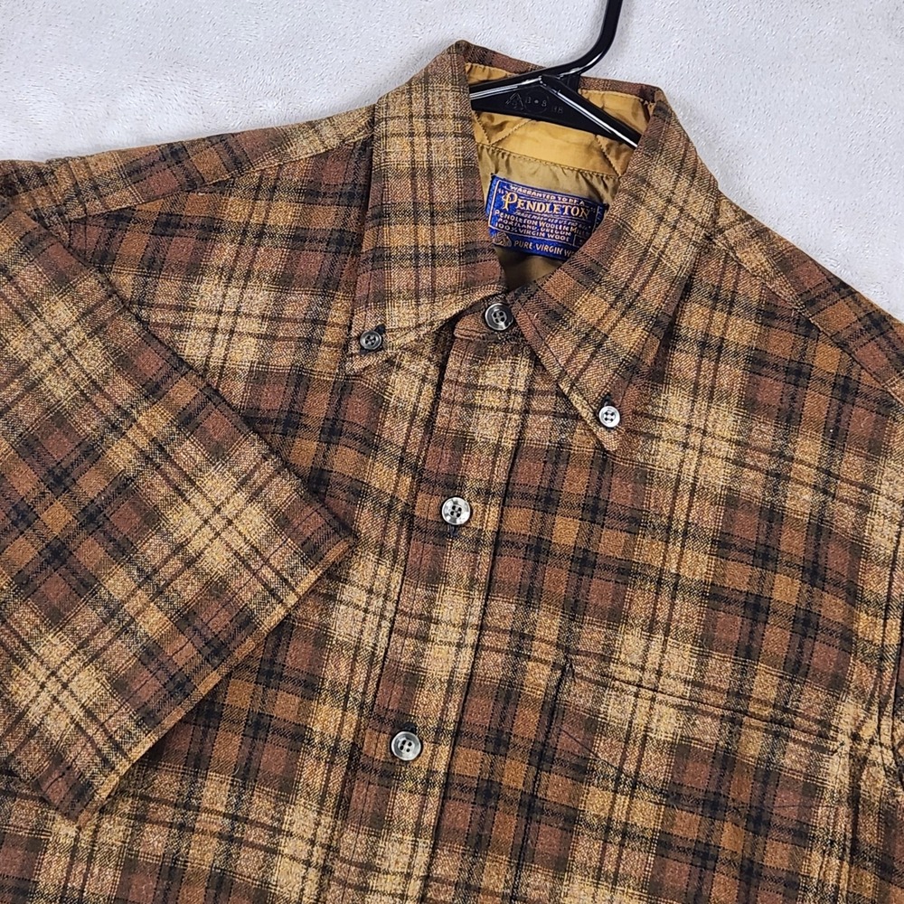 Vintage Pendleton Shirt Mens 1960s Oxford Small Brown Plaid Wool Short Sleeve